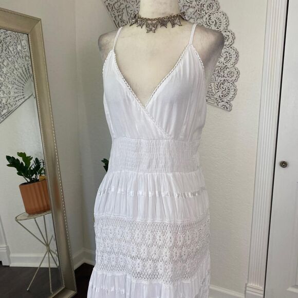 Boho White Lace Layered Tiered Cotton Midi Maxi Dress Magic L - Picture 5 of 8